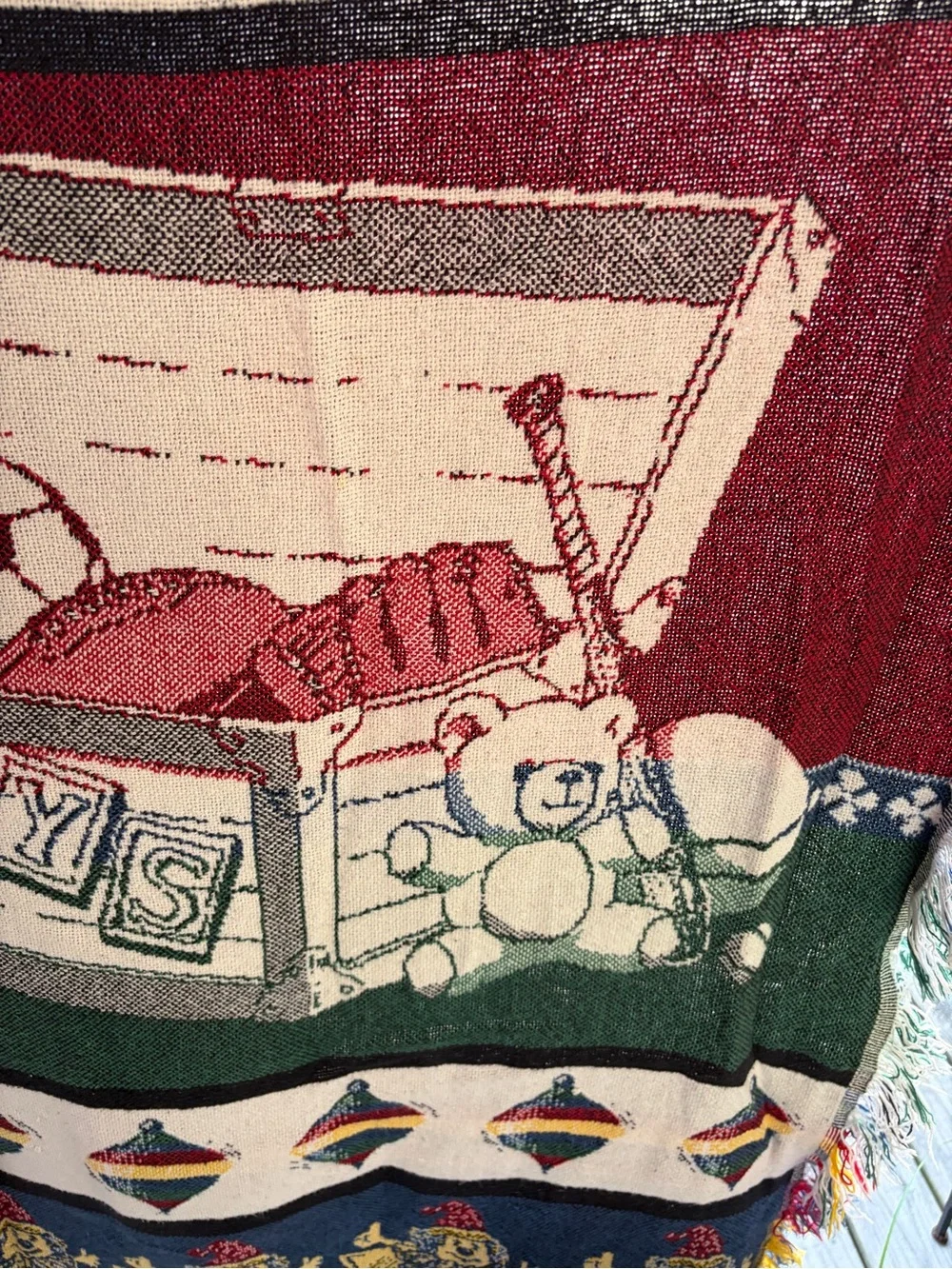 Vintage-Style Toys Pattern Woven Throw Blanket in Red, Navy & Cream
